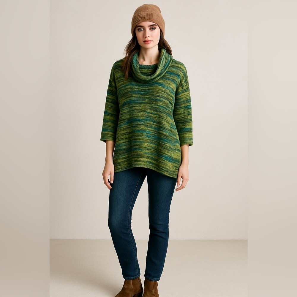 Cowl neck tunic sweater soft utilitarian earthy stripe cozy knit